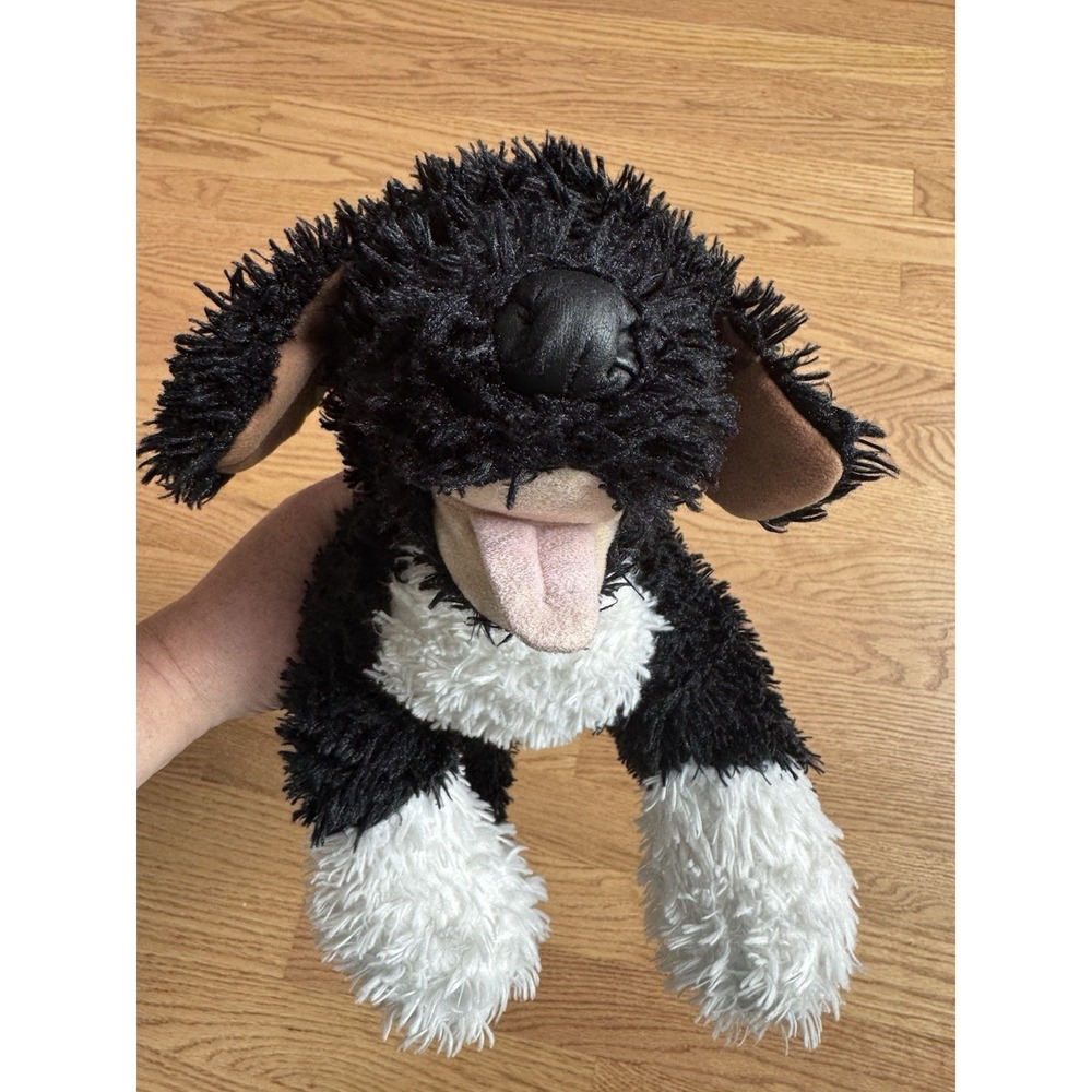 Build-A-Bear Shaggy Black White Puppy Dog Plush 16" Pink Tongue BAB‎ Scruffy Pup